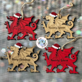 Christmas Welsh Dragon Hand Painted Hanging Decor - hand painted red and stained wood - engraved message Merry Christmas and Nadolig Llawen - variations