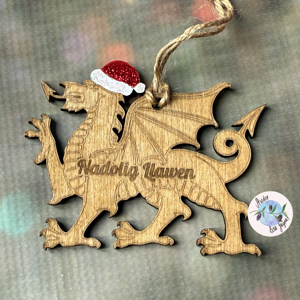 Christmas Welsh Dragon Hand Painted Hanging Decor - stained wood - engraved message Nadolig Llawen