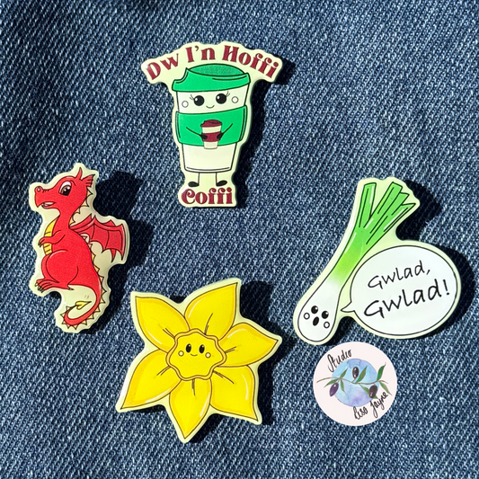 New Welsh Pin collection Daffodil, dragon, leek singing Welsh National Anthem Gwlad, Dw in hoffi coffi cup that means I live coffee in Cymraeg Cymru St David's Day