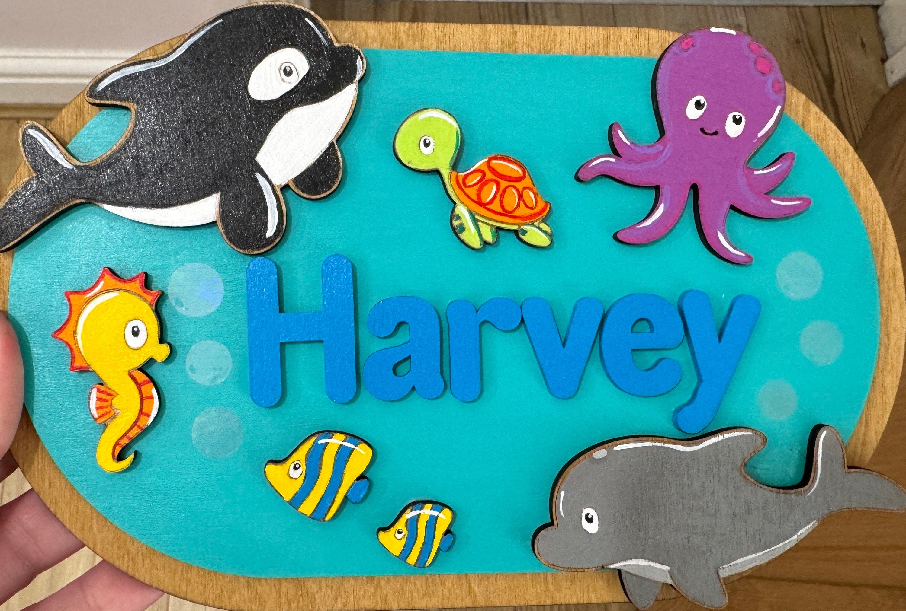 Ocean Sea Animals Children’s Name Bedroom Door Sign Plaque Personalised Nursery Name Octopus fish whale dolphin turtle seahorse - Close up