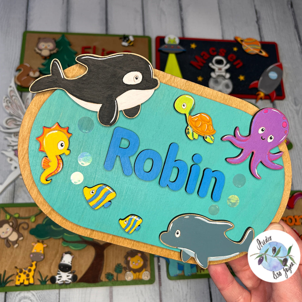 Ocean Sea Animals Children’s Name Bedroom Door Sign Plaque Personalised Nursery Name Octopus fish whale dolphin turtle seahorse - With other designs