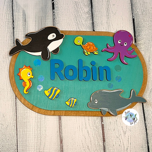 Ocean Sea Animals Children’s Name Bedroom Door Sign Plaque Personalised Nursery Name Octopus fish whale dolphin turtle seahorse - Simple