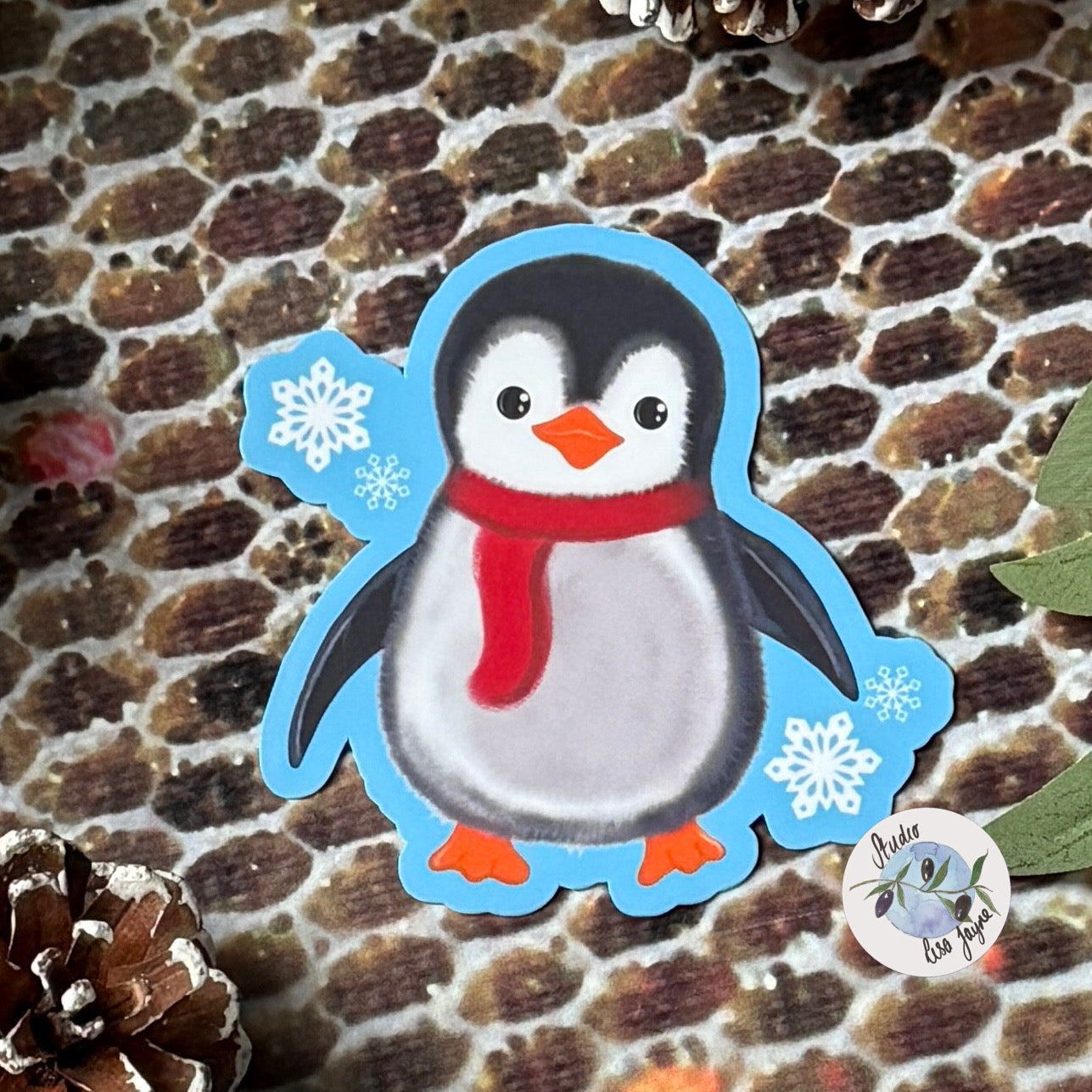 Penguin Sticker - Christmas Snowflake Blue Waterproof Decal Handmade Vinyl - Close up