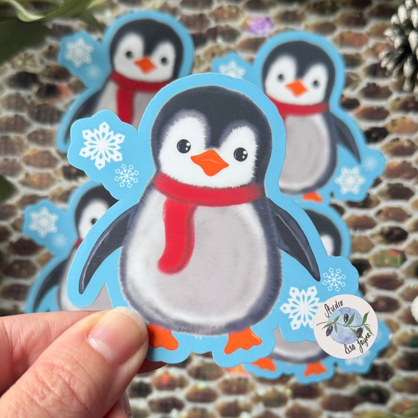 Penguin Sticker - Christmas Snowflake Blue Waterproof Decal Handmade Vinyl - In Hand