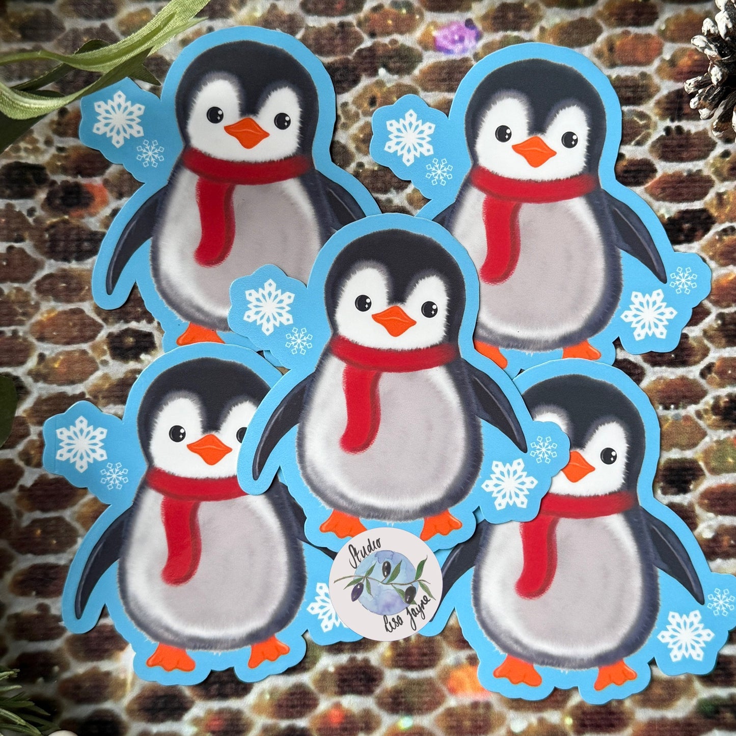 Penguin Sticker - Christmas Snowflake Blue Waterproof Decal Handmade Vinyl - Multiples layered