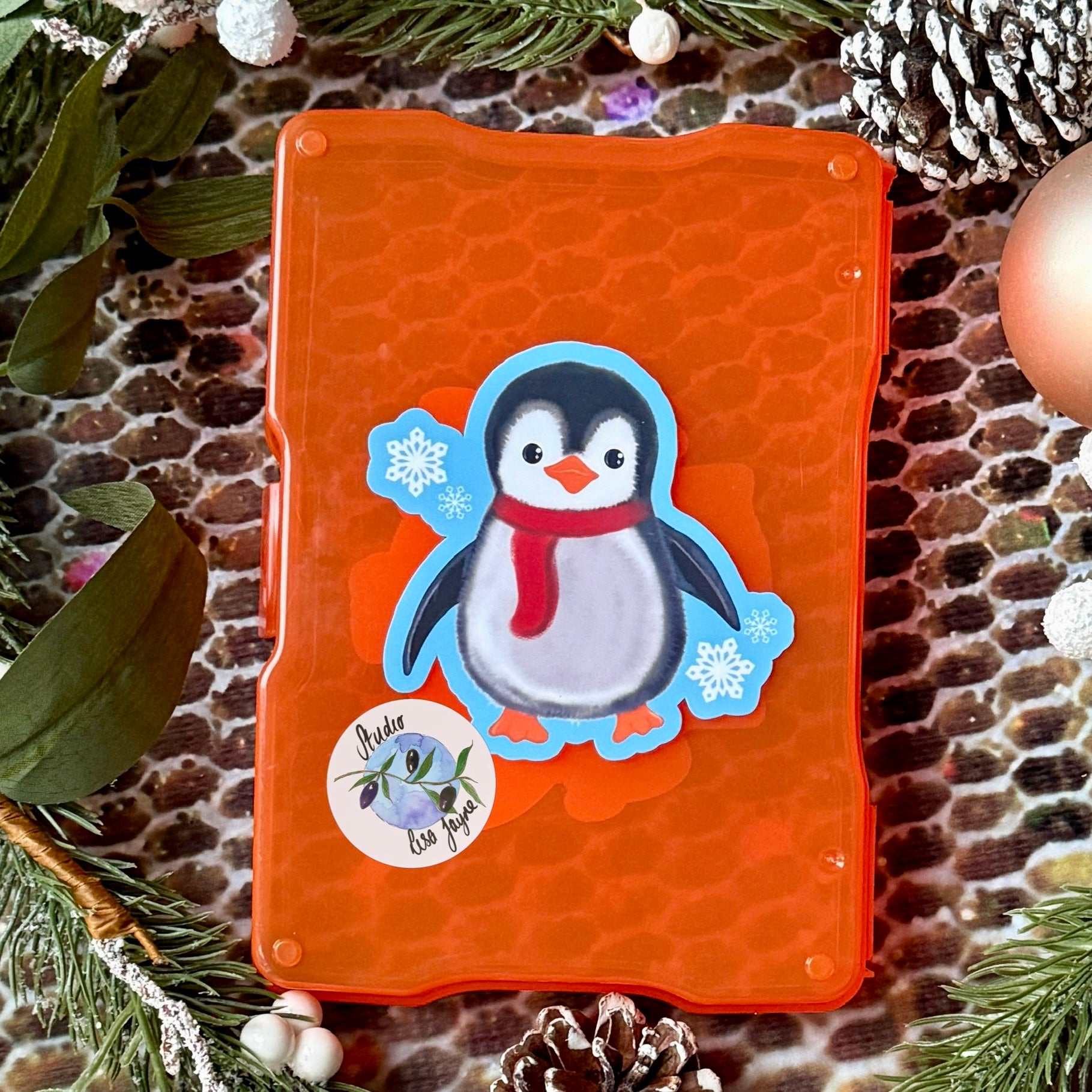 Penguin Sticker - Christmas Snowflake Blue Waterproof Decal Handmade Vinyl - Stuck to Plastic Box