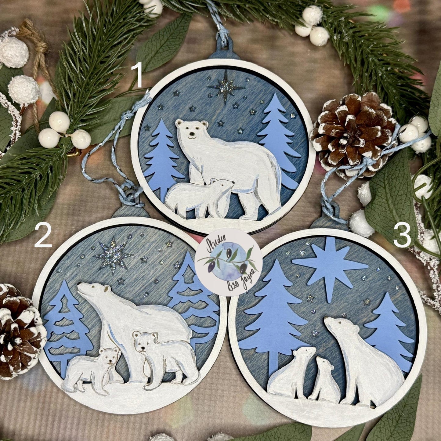 Polar Bear Christmas Scene Bauble Christmas Tree Decoration - Hand Painted Handmade Wooden Hanging Decor Blue Silver 3 numbered designs