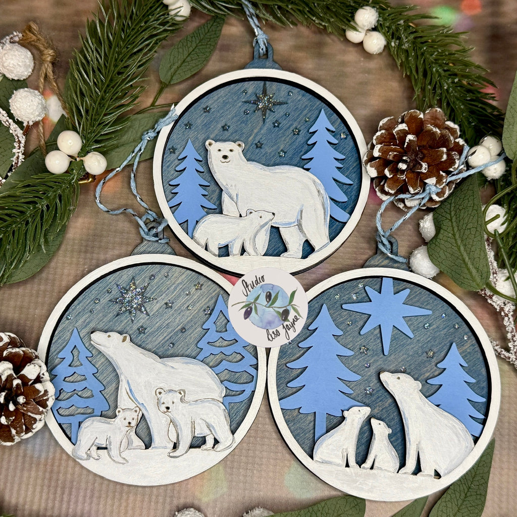 Polar Bear Christmas Scene Bauble Christmas Tree Decoration - Hand Painted Handmade Wooden Hanging Decor Blue Silver - full collection