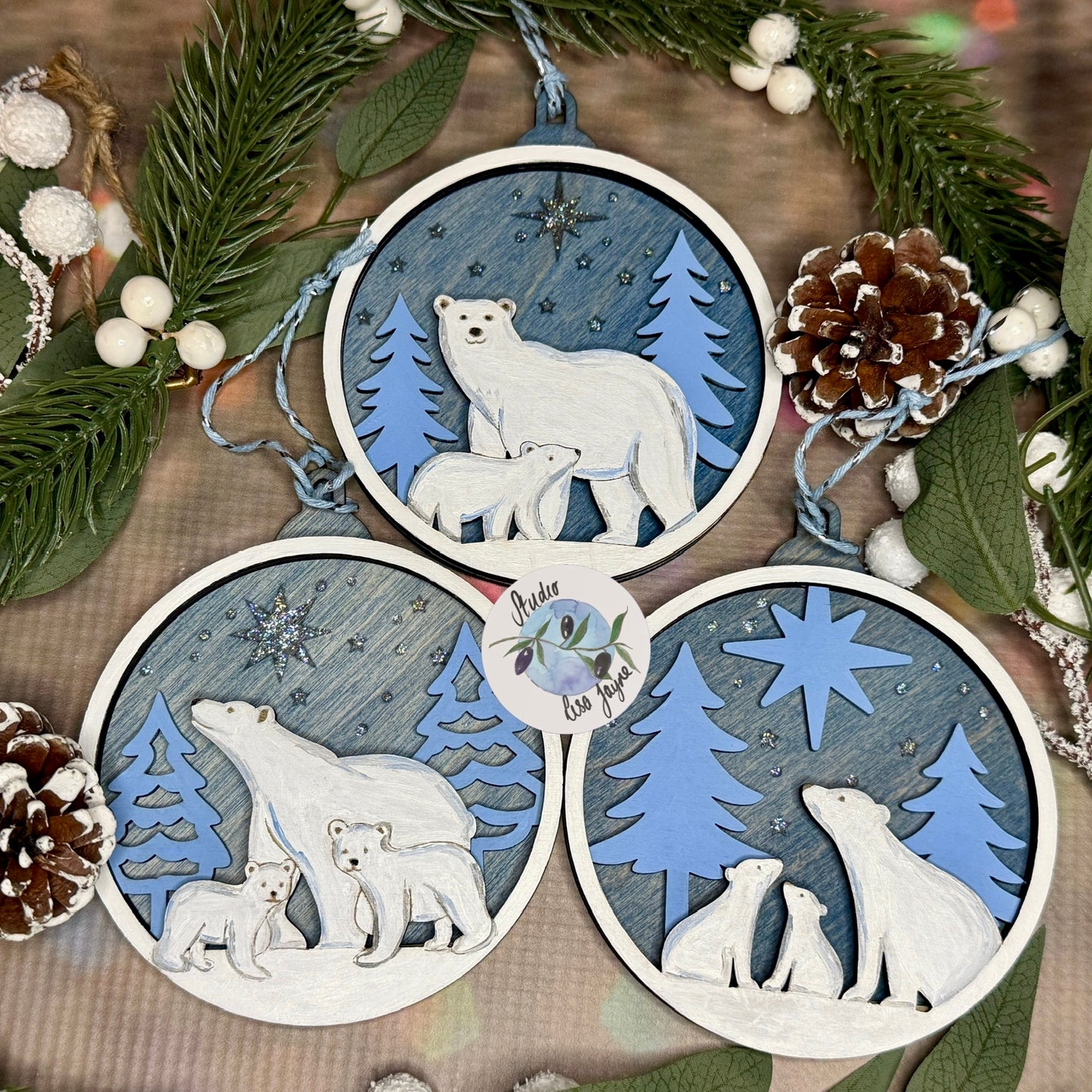 Polar Bear Christmas Scene Bauble Christmas Tree Decoration - Hand Painted Handmade Wooden Hanging Decor Blue Silver - full collection