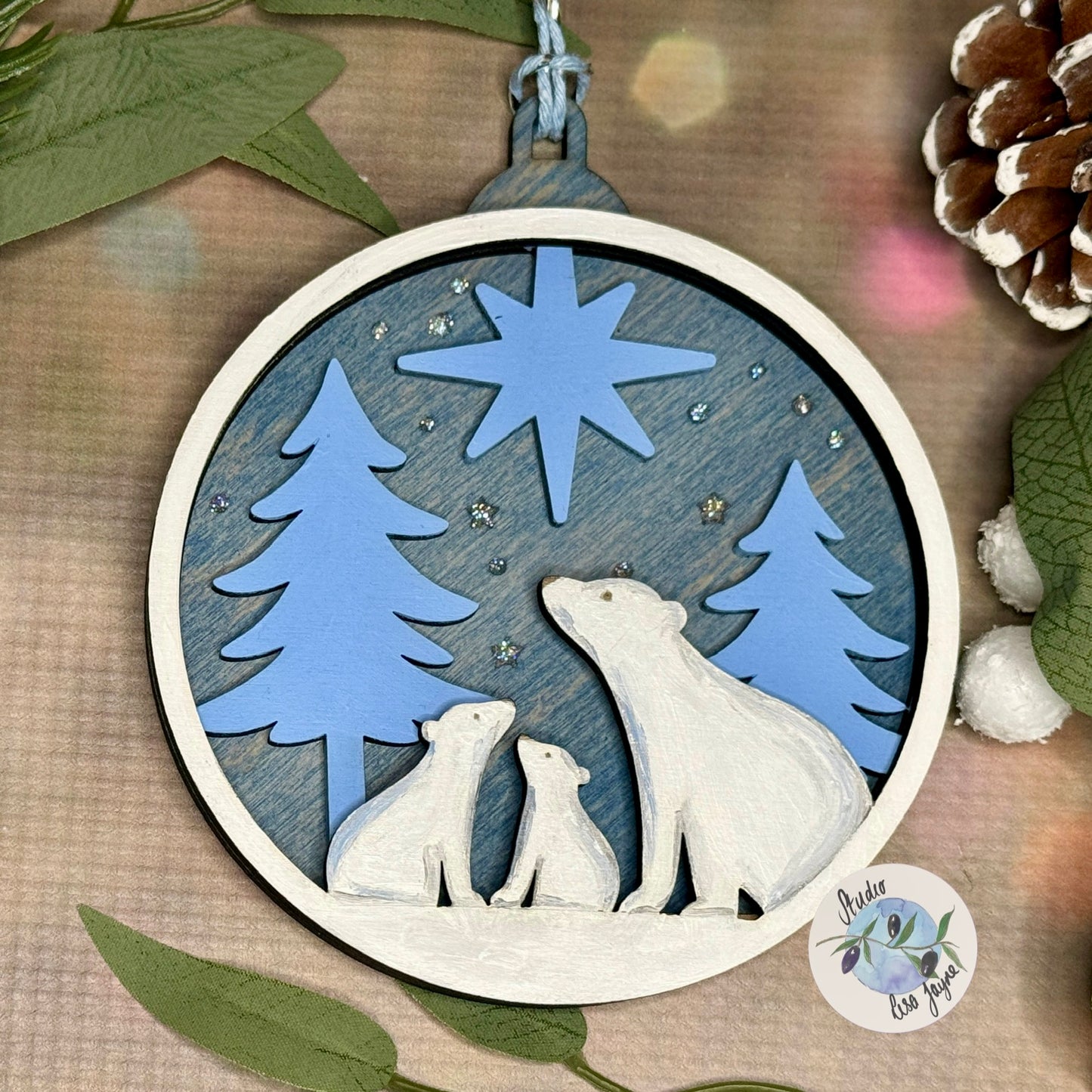 Polar Bear Christmas Scene Bauble Christmas Tree Decoration - Hand Painted Handmade Wooden Hanging Decor Blue Silver - family north star gazing