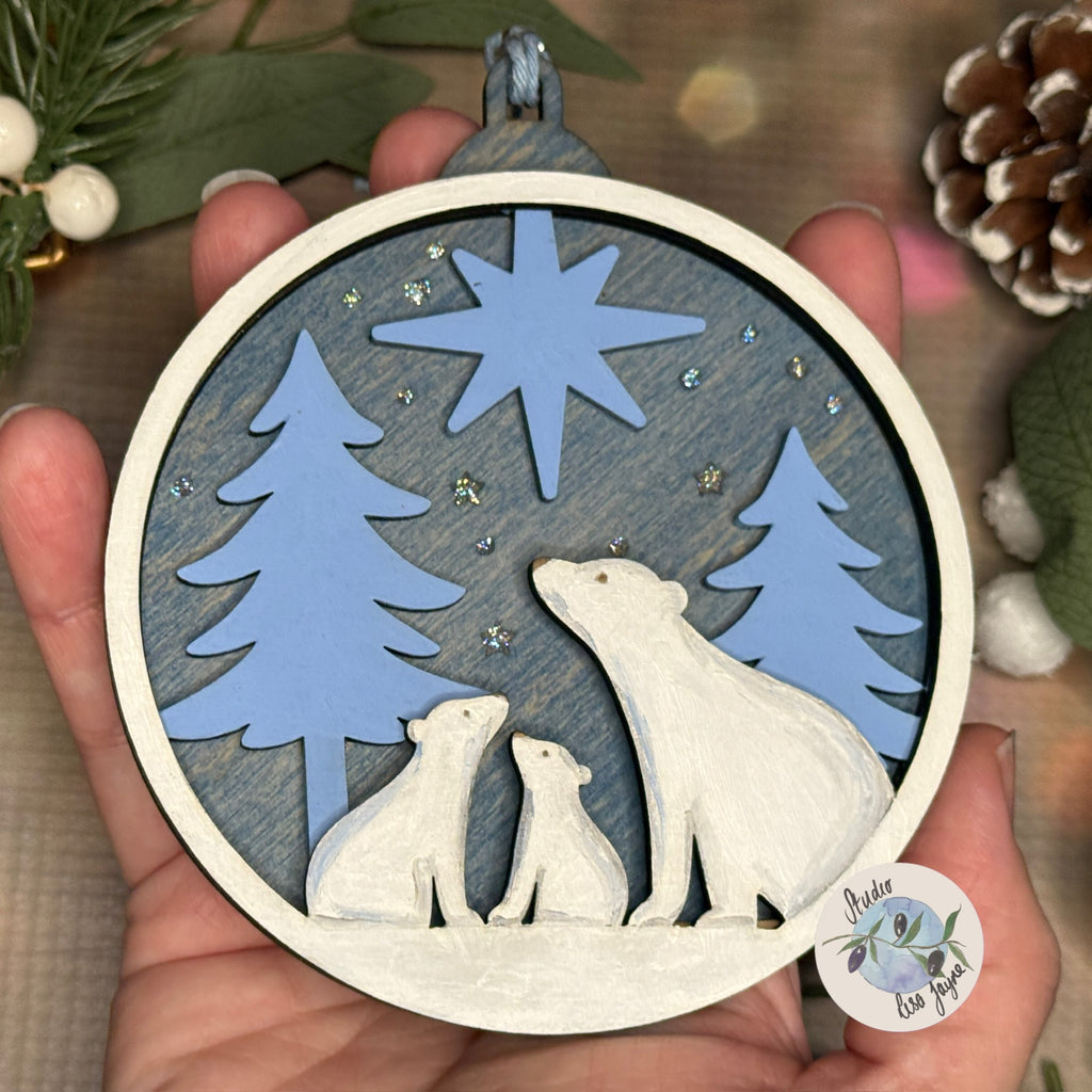 Polar Bear Christmas Scene Bauble Christmas Tree Decoration - Hand Painted Handmade Wooden Hanging Decor Blue Silver - family north star gazing in hand