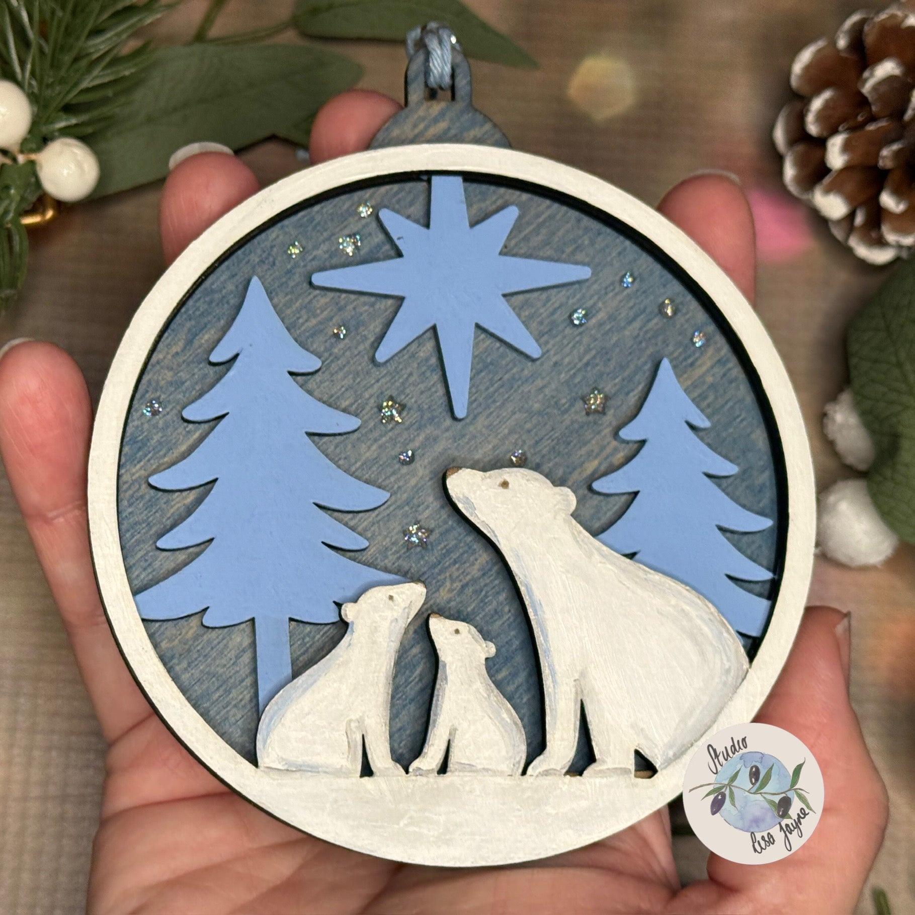 Polar Bear Christmas Scene Bauble Christmas Tree Decoration - Hand Painted Handmade Wooden Hanging Decor Blue Silver - family north star gazing in hand