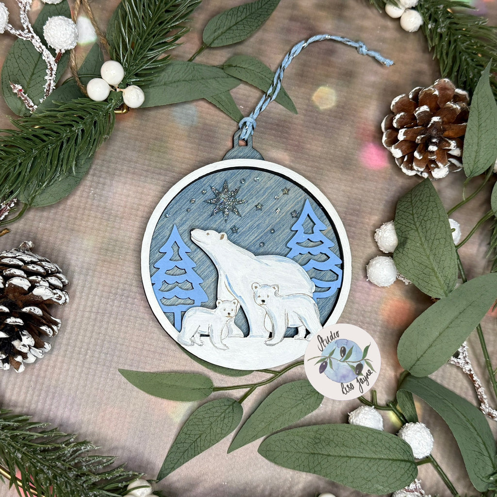 Polar Bear Christmas Scene Bauble Christmas Tree Decoration - Hand Painted Handmade Wooden Hanging Decor Blue Silver - family artic walk