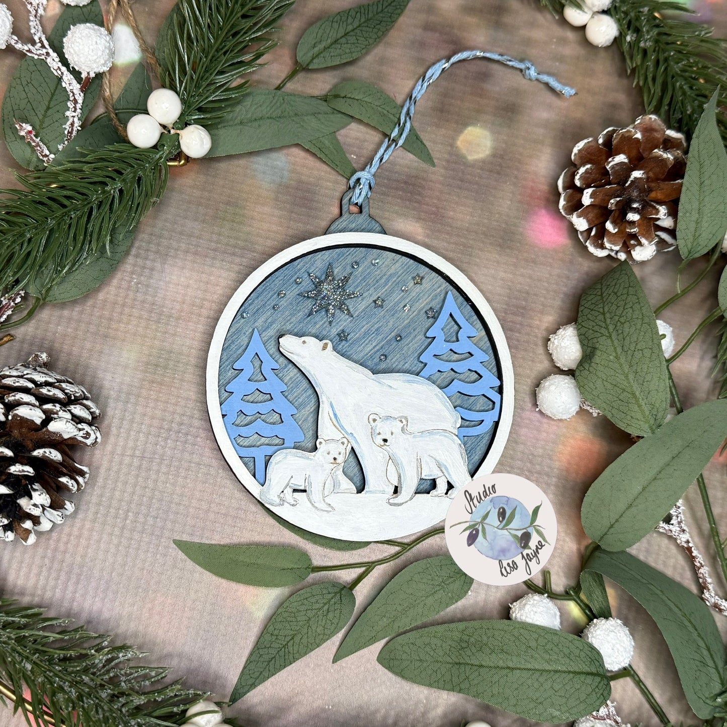 Polar Bear Christmas Scene Bauble Christmas Tree Decoration - Hand Painted Handmade Wooden Hanging Decor Blue Silver - family artic walk