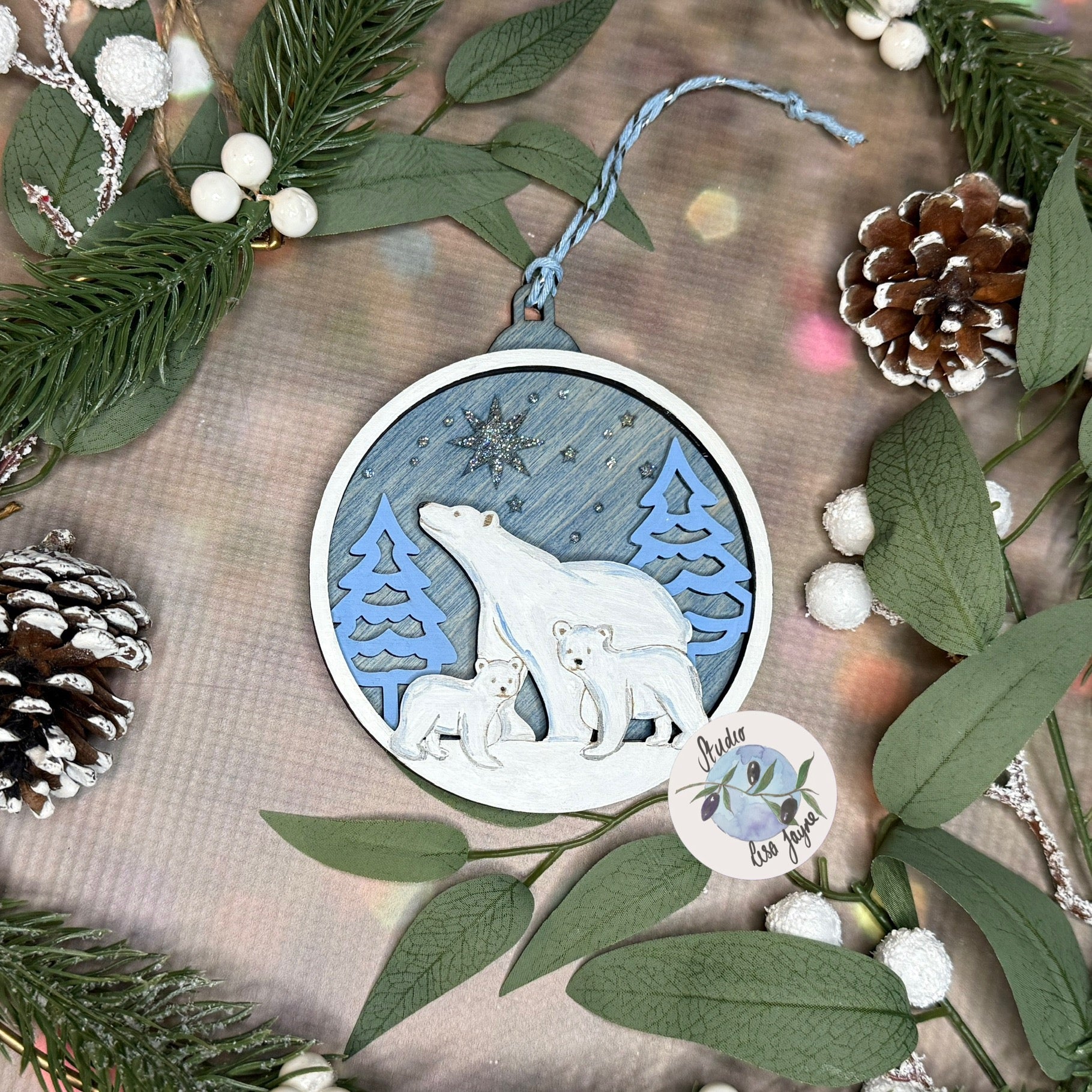 Polar Bear Christmas Scene Bauble Christmas Tree Decoration - Hand Painted Handmade Wooden Hanging Decor Blue Silver - family artic walk