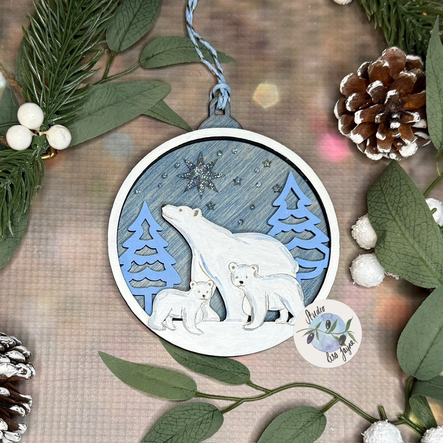 Polar Bear Christmas Scene Bauble Christmas Tree Decoration - Hand Painted Handmade Wooden Hanging Decor Blue Silver - family artic walk close up