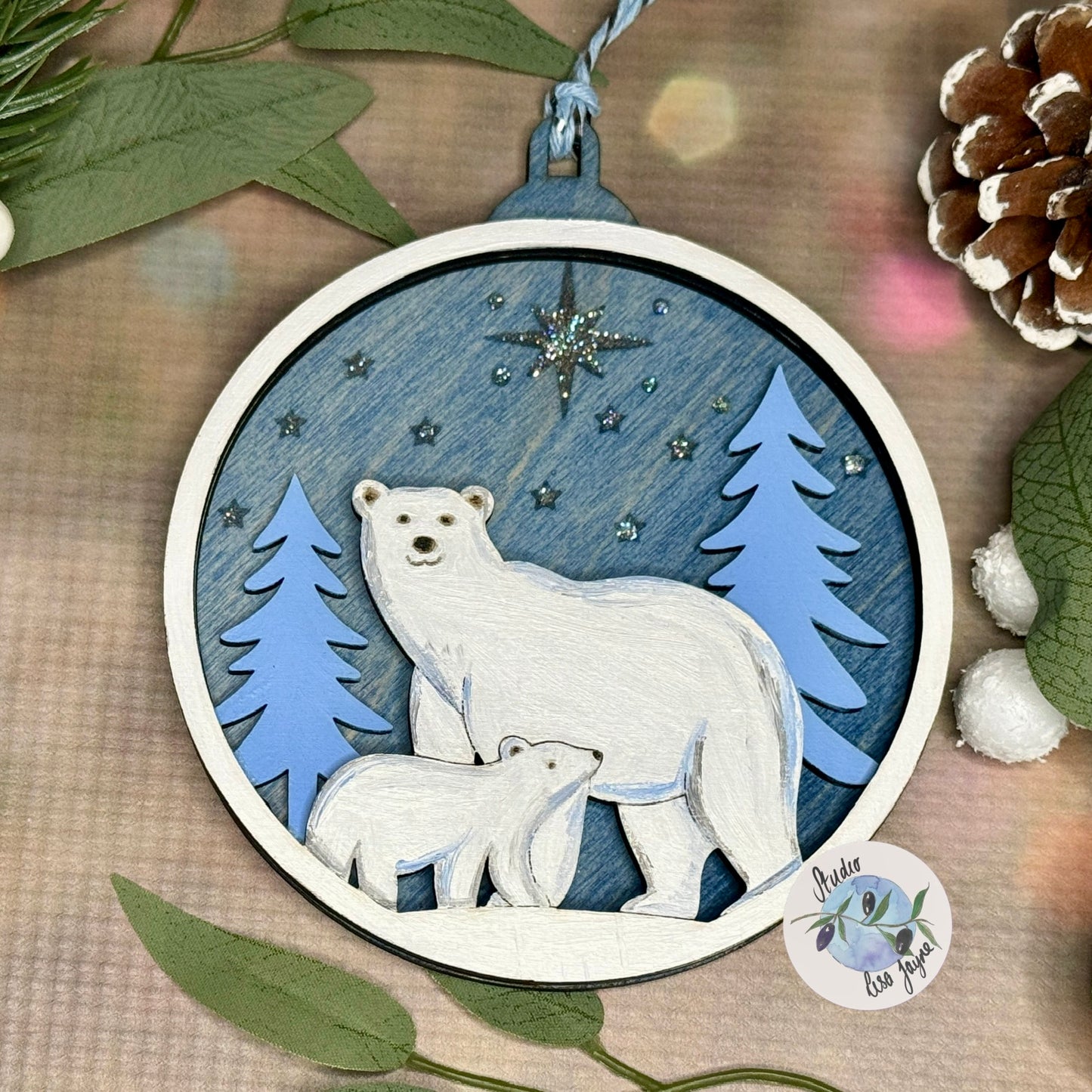 Polar Bear Christmas Scene Bauble Christmas Tree Decoration - Hand Painted Handmade Wooden Hanging Decor Blue Silver - mother and child north star