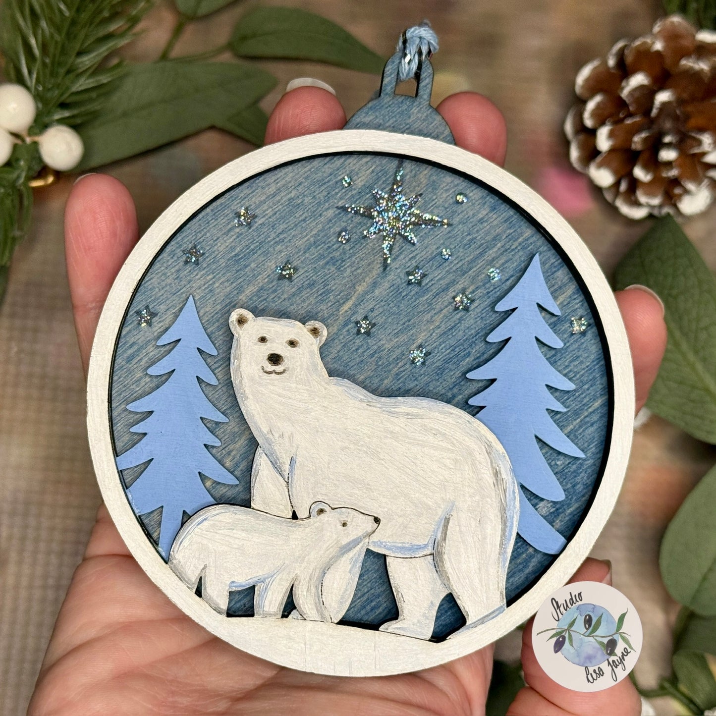 Polar Bear Christmas Scene Bauble Christmas Tree Decoration - Hand Painted Handmade Wooden Hanging Decor Blue Silver - mother and child north star in hand