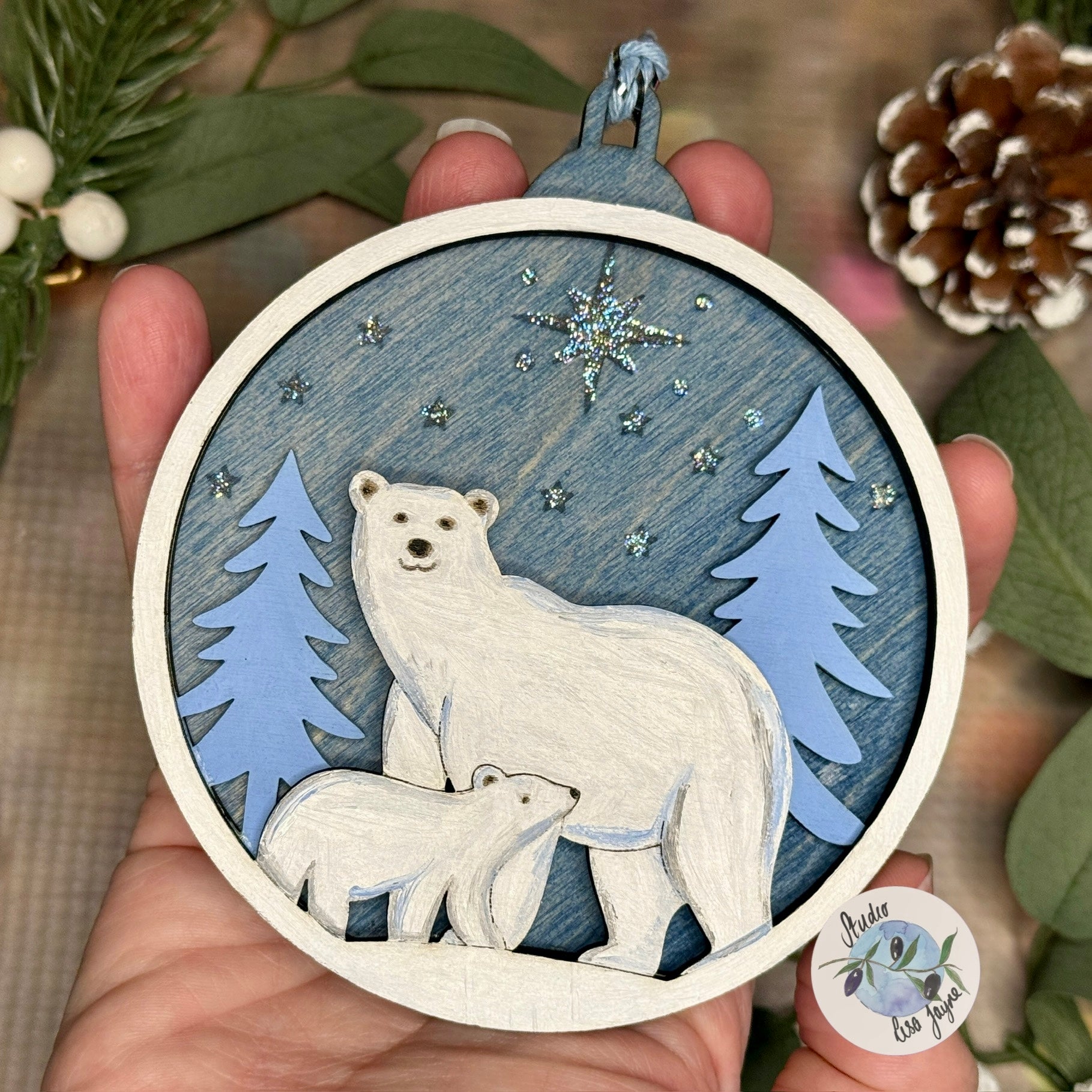 Polar Bear Christmas Scene Bauble Christmas Tree Decoration - Hand Painted Handmade Wooden Hanging Decor Blue Silver - mother and child north star in hand