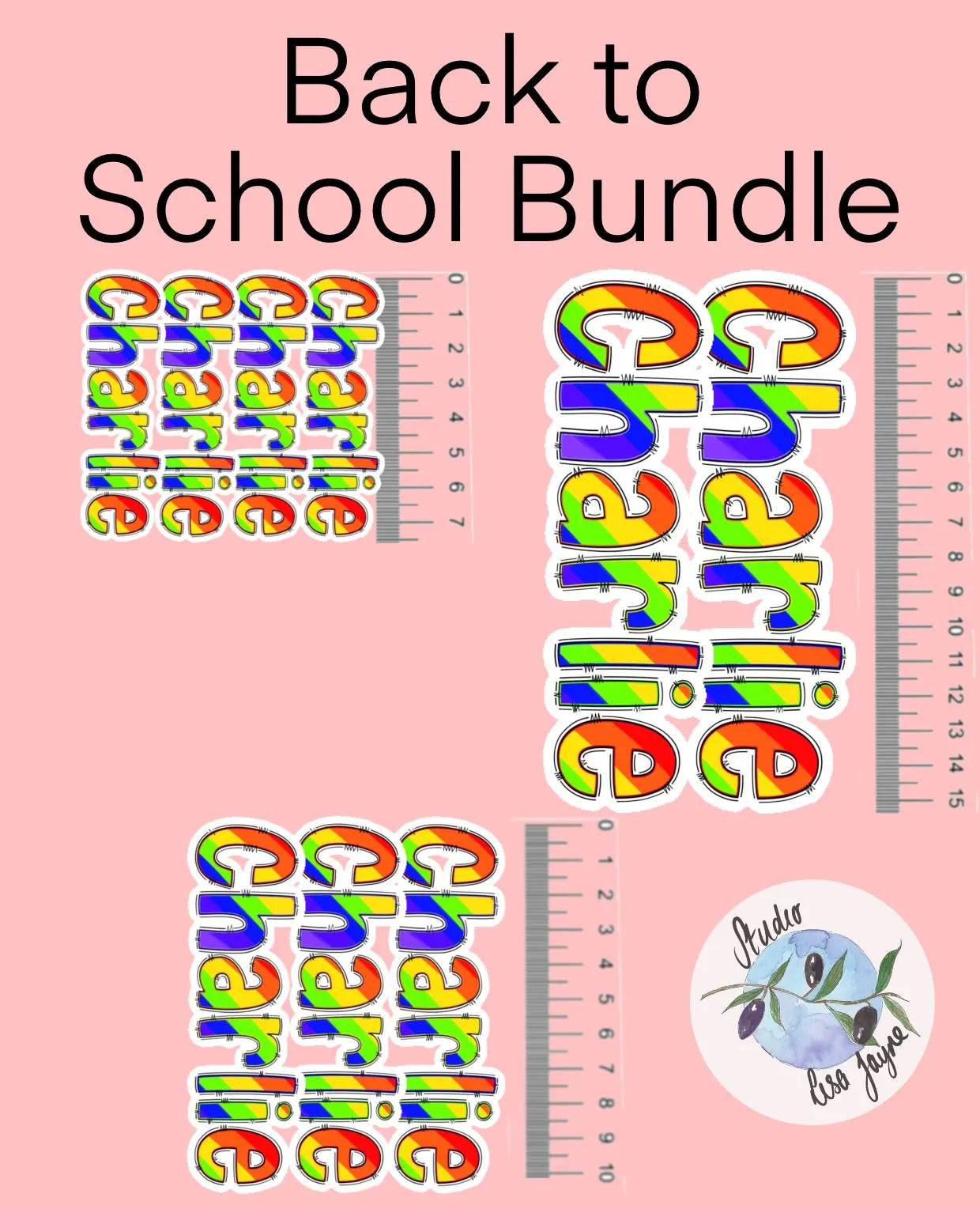 Back to School Bundle with colorful name labels and ruler on a pink background