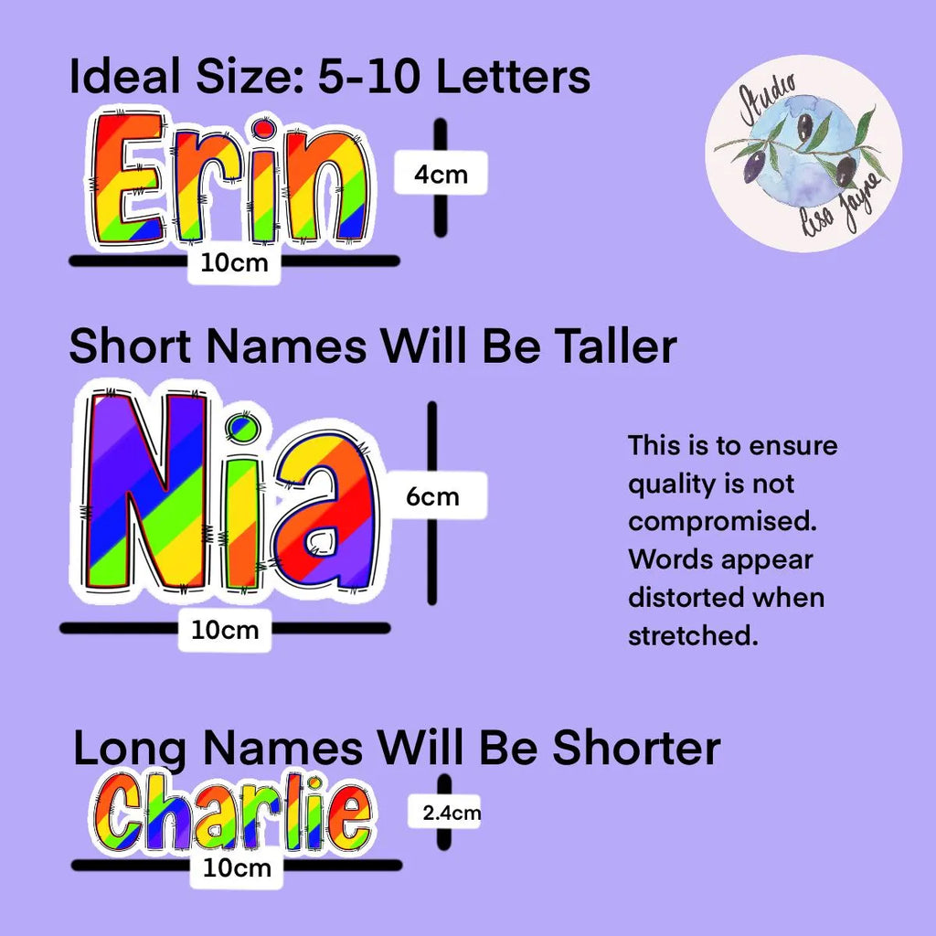 Colourful Rainbow name labels with dimensions on a purple background