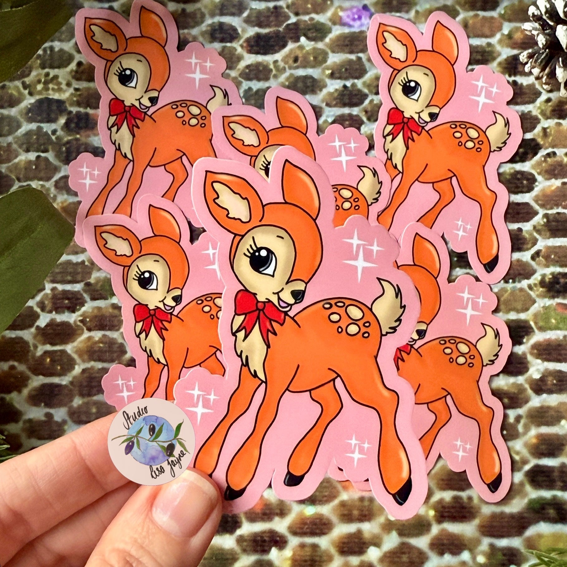 Retro Deer Vintage Style Christmas Sticker Waterproof Vinyl Handmade In Hand