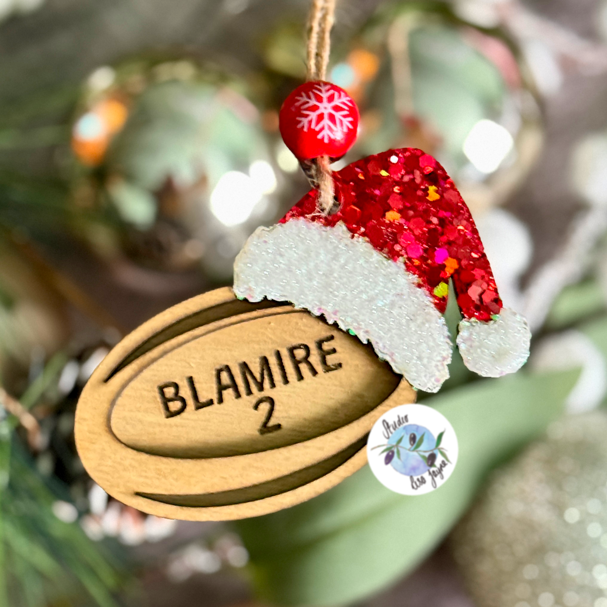 Glittered rugby ball personalised Christmas tree decoration with Blamire 2 message engraved