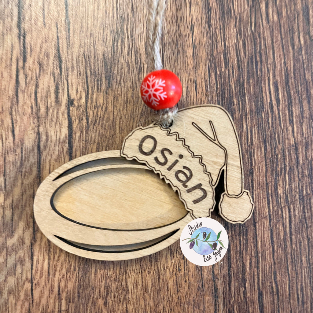 Rugby Christmas Tree Decoration Handmade Personalised Name Wood Ornament 