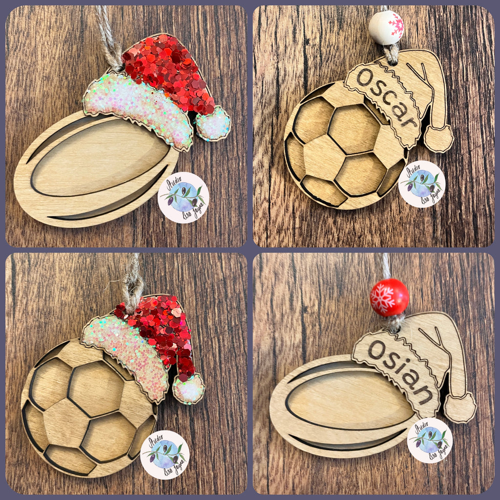Rugby and Football Christmas Tree Decoration Handmade Personalised Name or Glitter Wood Ornament 
