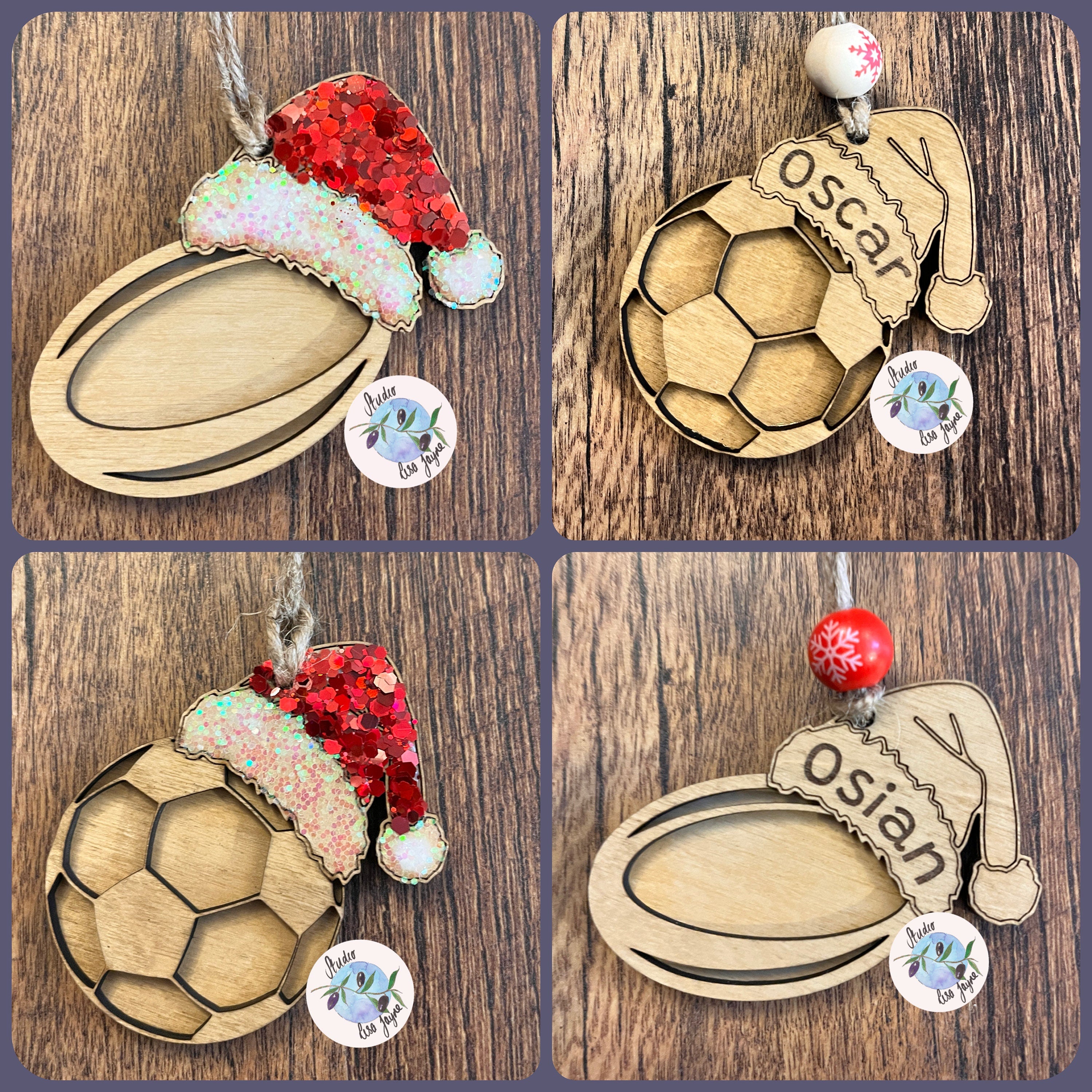 Rugby and Football Christmas Tree Decoration Handmade Personalised Name or Glitter Wood Ornament 
