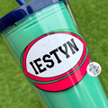 Green tumbler with a Welsh Cymru Wales red and white rugby label displaying 'IESTYN' on a green background