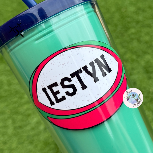 Green tumbler with a Welsh Cymru Wales red and white rugby label displaying 'IESTYN' on a green background