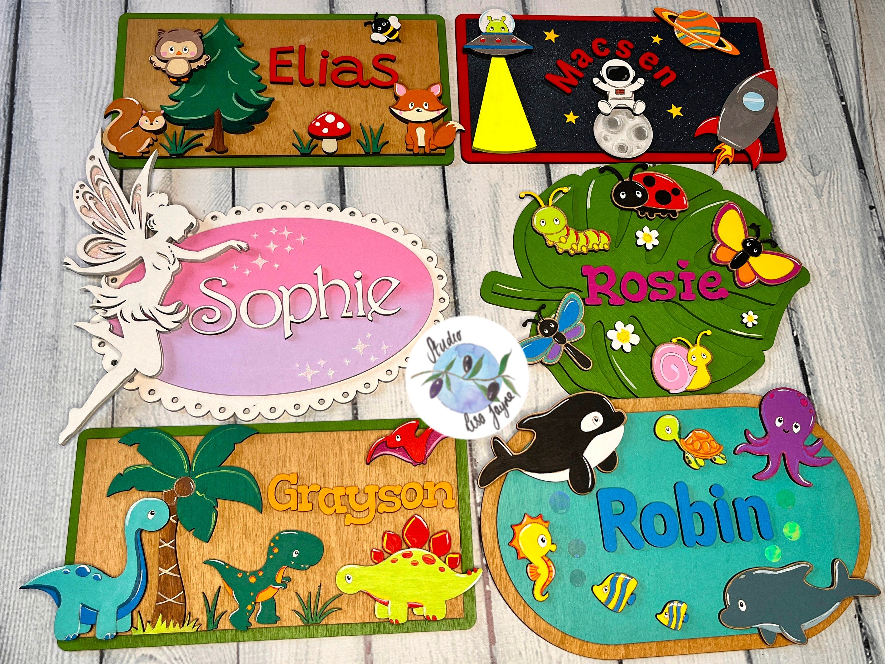 Collection of Bedroom Door Signs including Space, Bugs, ocean, dinosaurs, fairy and woodland creatures