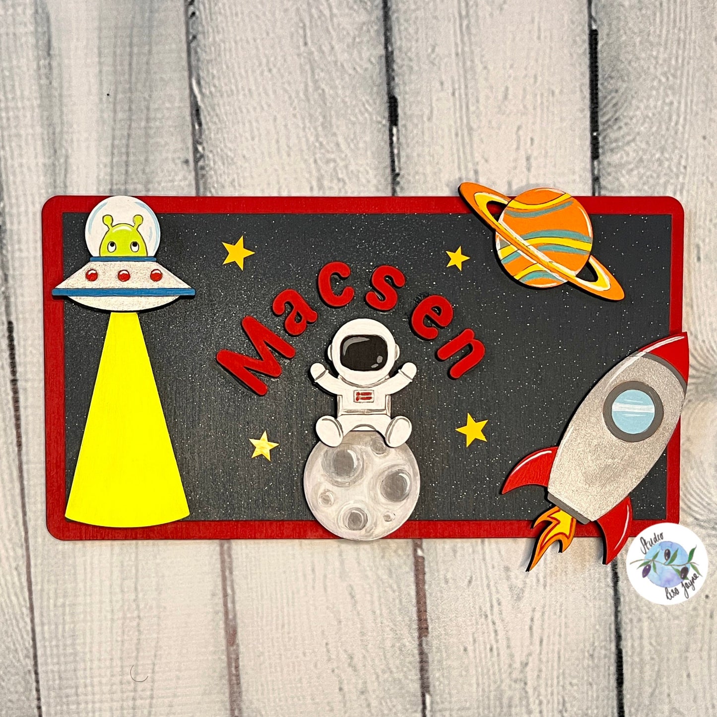 Space Children’s Name Bedroom Door Sign Plaque Personalised Nursery Name - Alien, UFO, Spaceman, Rocket, Planet