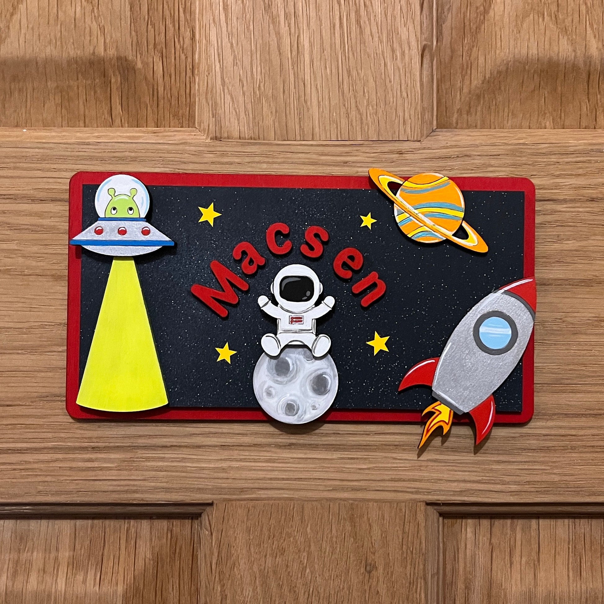 Space Children’s Name Bedroom Door Sign Plaque Personalised Nursery Name - Alien, UFO, Spaceman, Rocket, Planet - on door