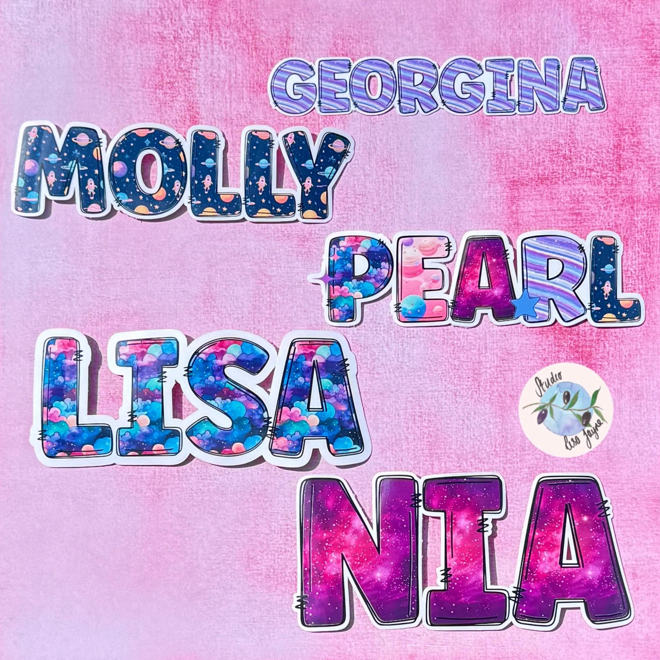 Names stickers in colorful, space-themed styles on a pink gradient background