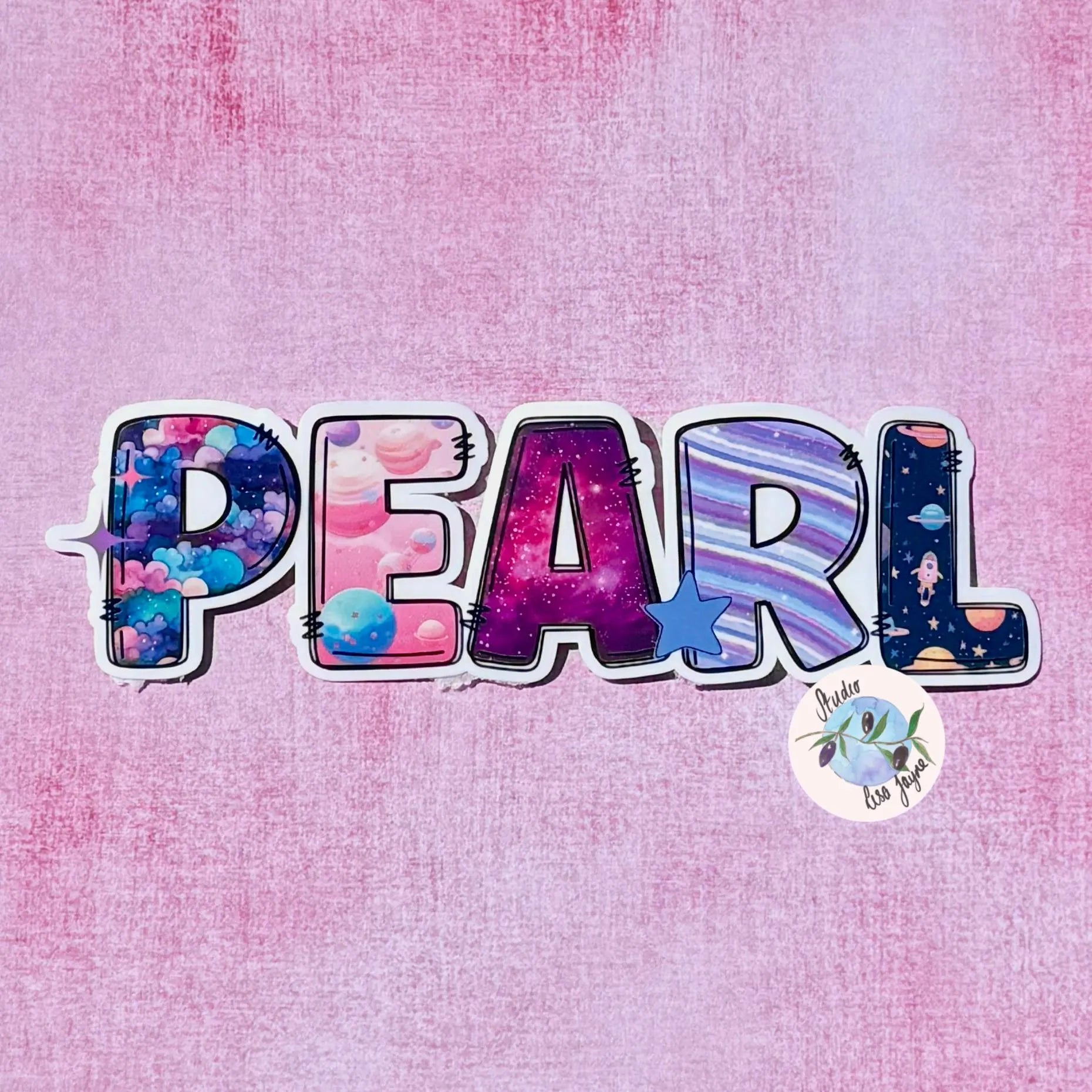 Colorful Space themed sticker with 'PEARL' text on a pink textured background