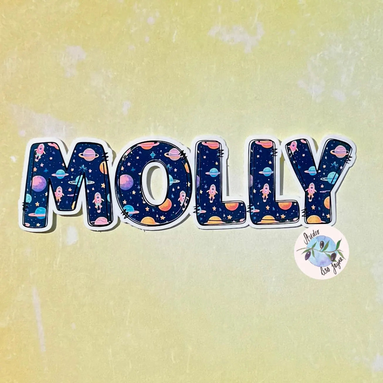 Sticker with the name 'MOLLY' featuring space-themed designs on a yellow background.