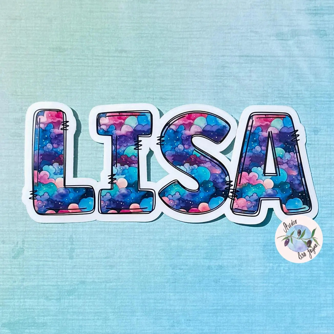 Colorful 'LISA' space themed sticker on a textured blue background