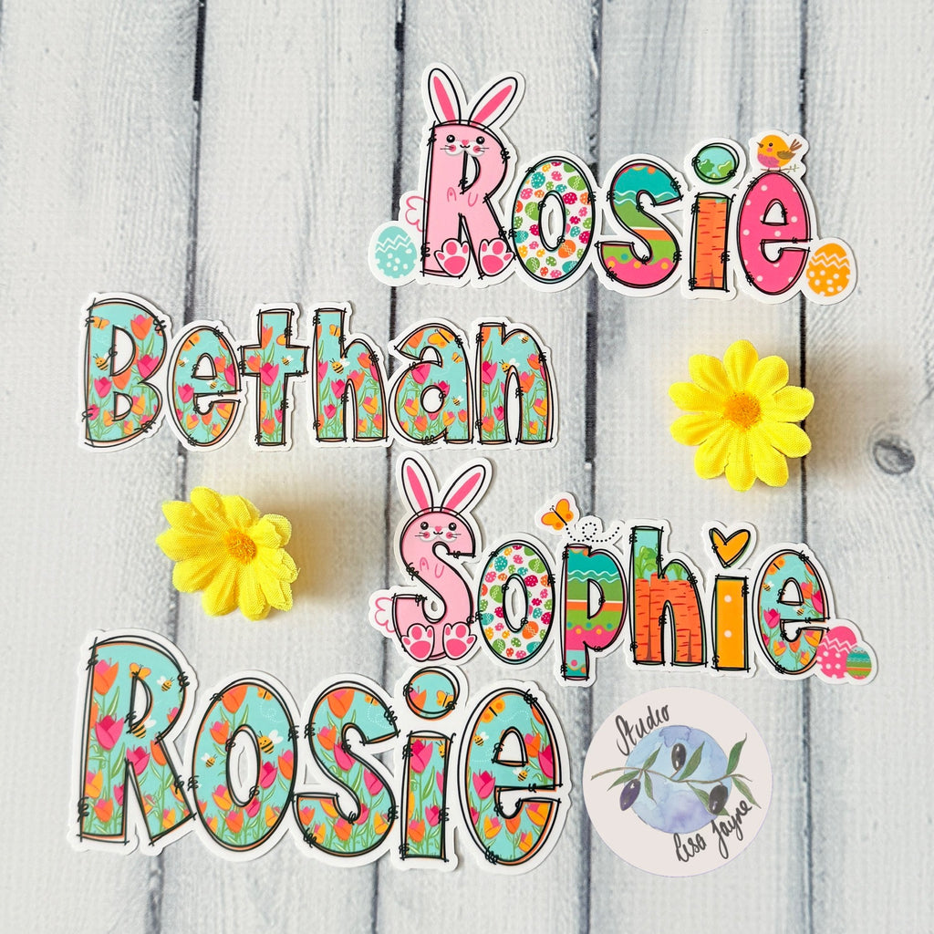 Spring Floral and Easter Name Personalised Waterproof Vinyl Stickers - Tulips Bees, bunnies.  For drink bottle, iPad, tablet, journal