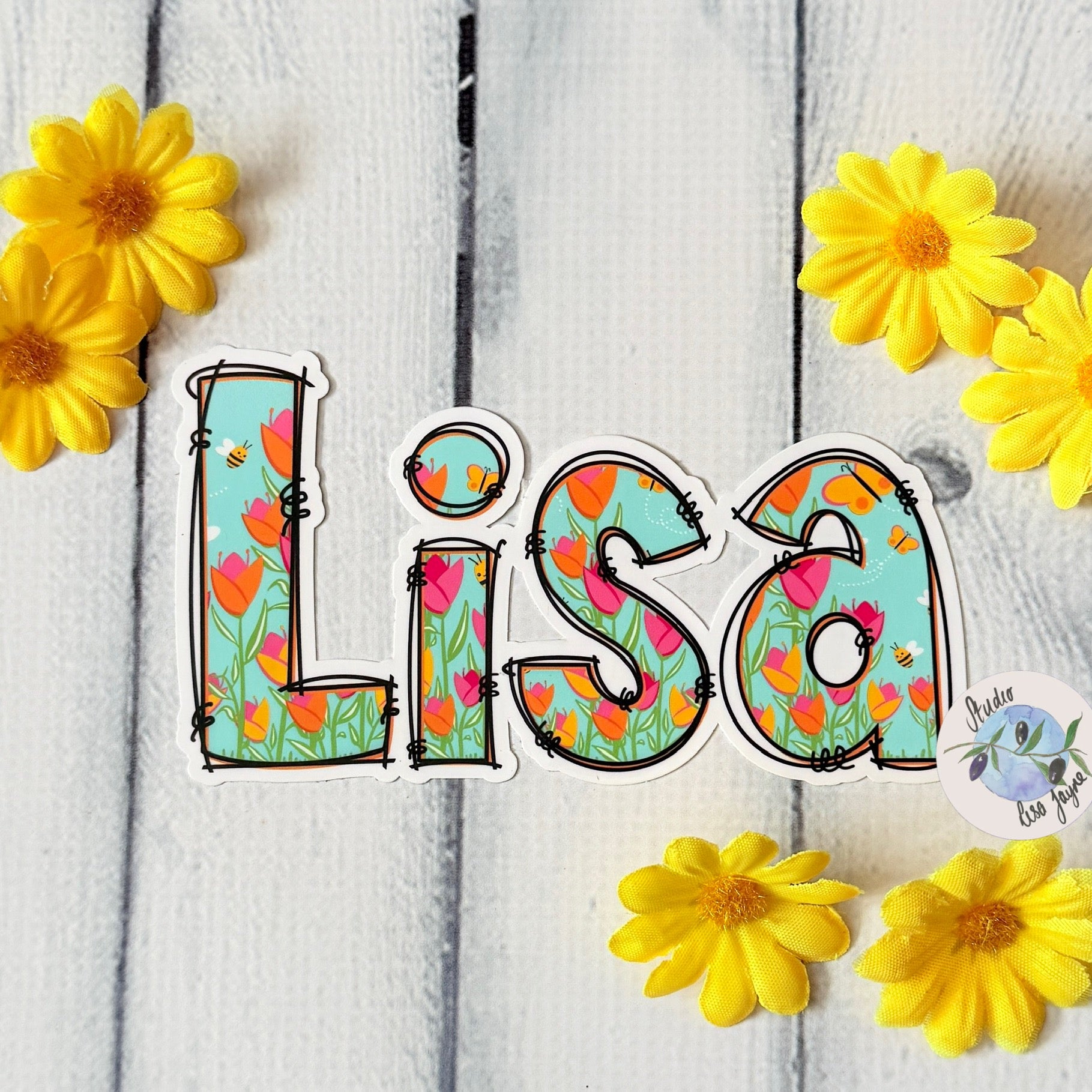 Spring Floral Name Personalised Waterproof Vinyl Sticker - Tulips Bees.  Closeup Lisa  for drink bottle, iPad, tablet, journal
