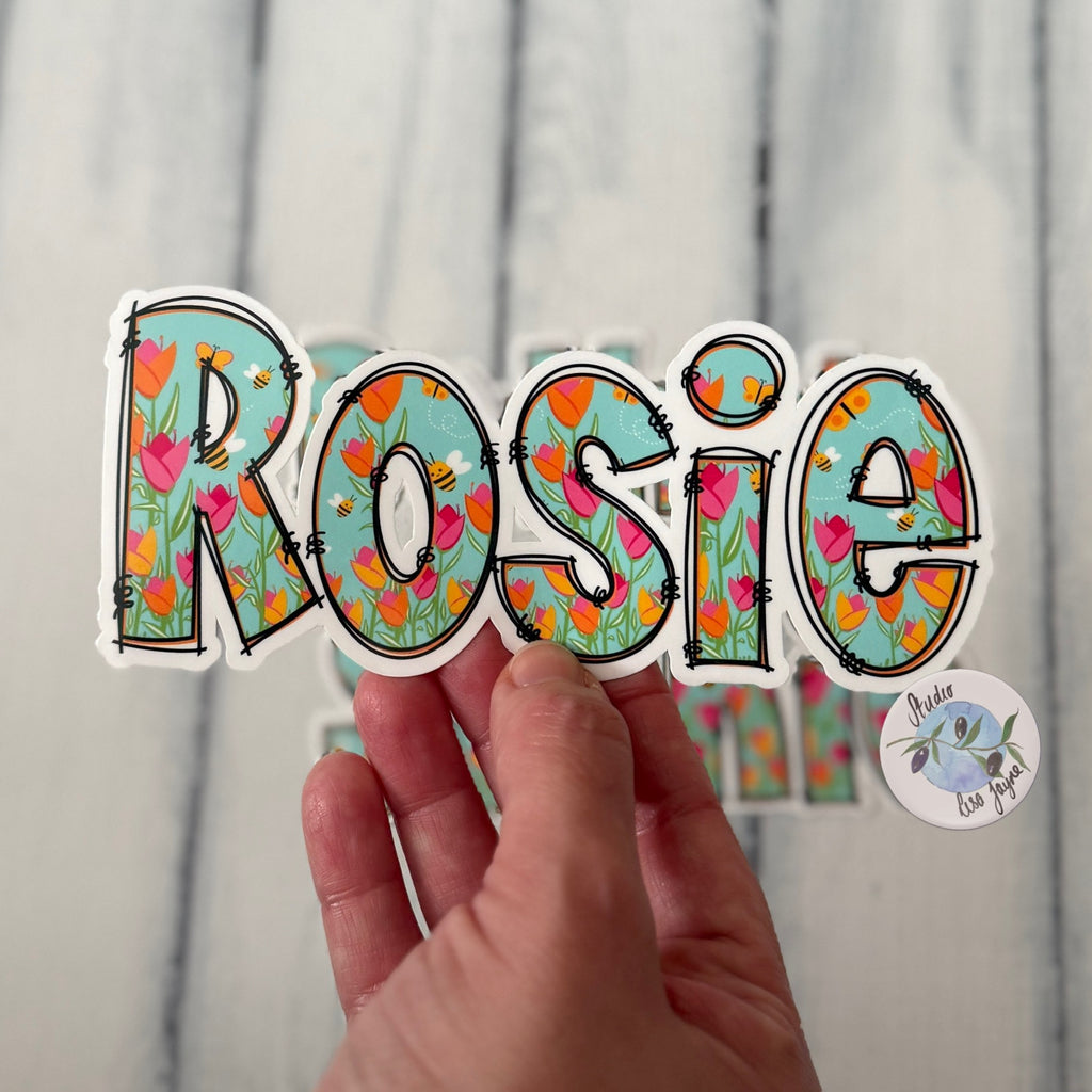 Spring Floral Name Personalised Waterproof Vinyl Sticker - Tulips Bees.  Closeup Rosie for drink bottle, iPad, tablet, journal.  Rosie