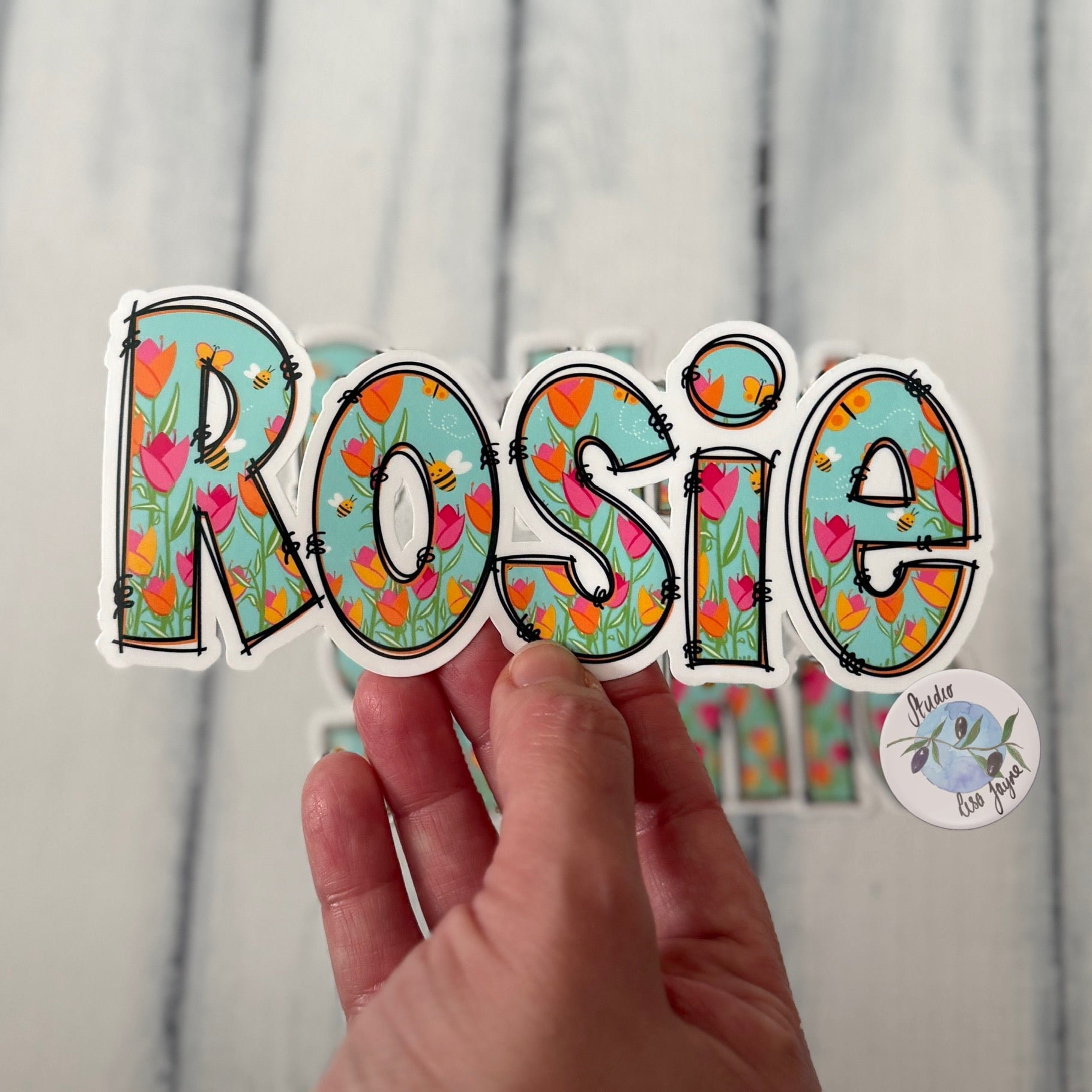 Spring Floral Name Personalised Waterproof Vinyl Sticker - Tulips Bees.  Closeup Rosie for drink bottle, iPad, tablet, journal.  Rosie