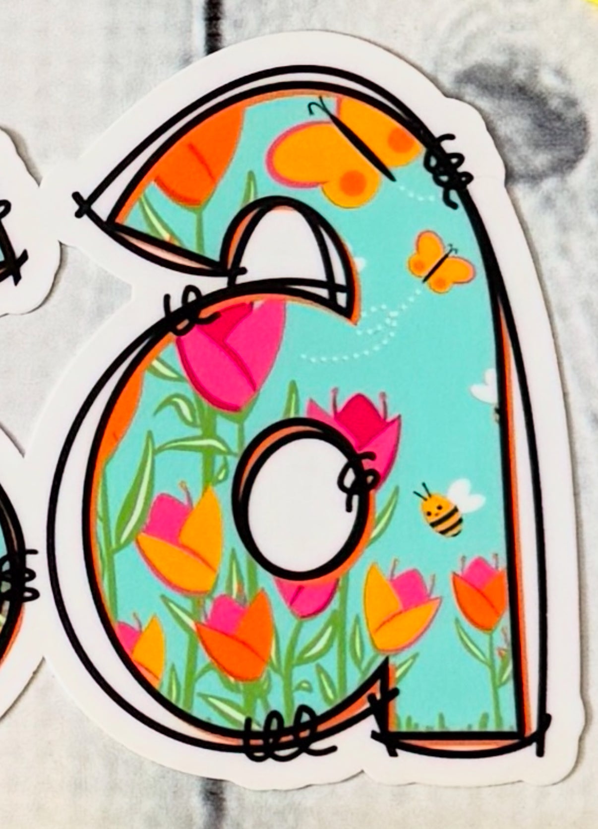 Spring Floral Name Personalised Waterproof Vinyl Sticker - Tulips Bees.  Extreme Closeup letter A