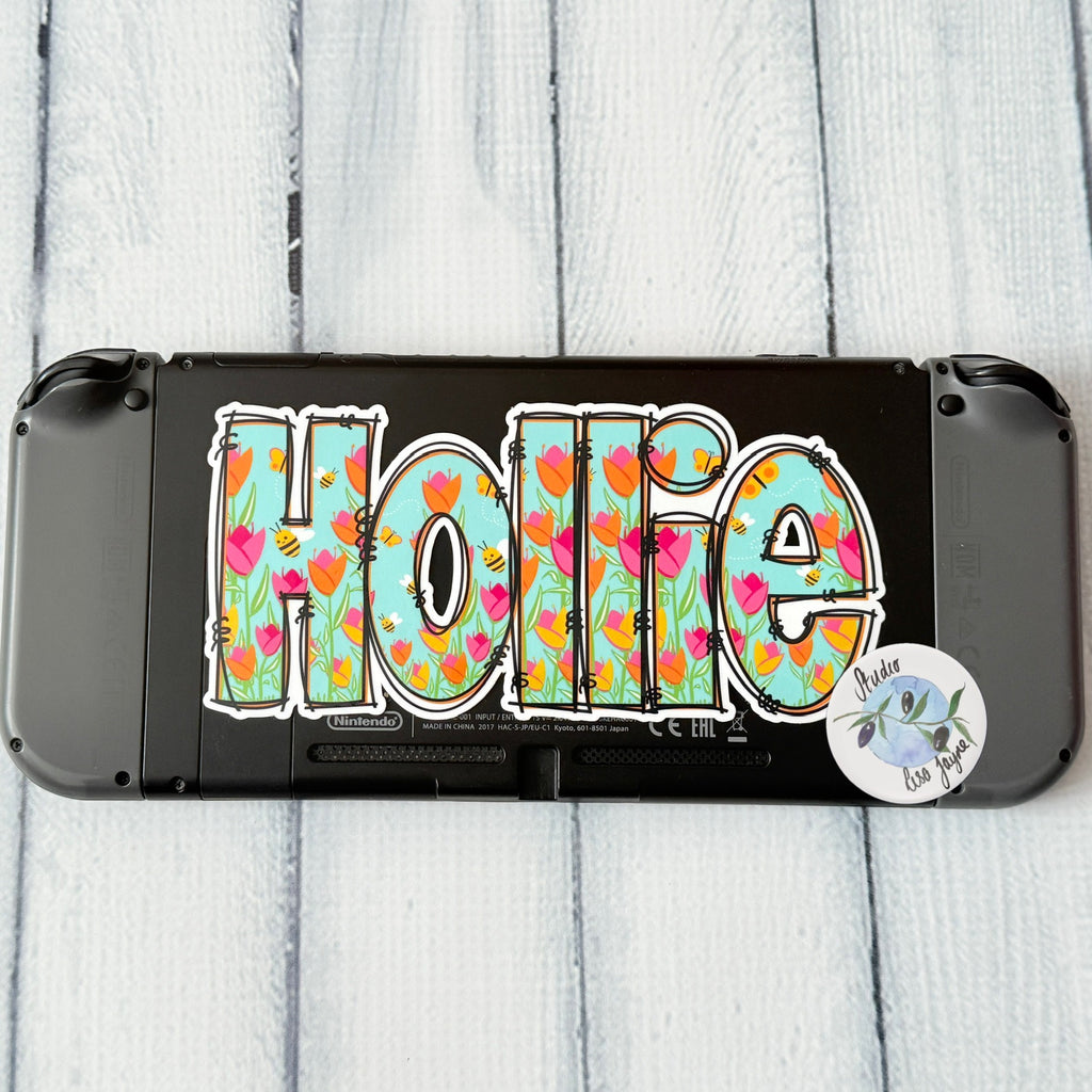 Spring Floral Name Personalised Waterproof Vinyl Sticker - Tulips Bees.  Closeup Hollie for Nintendo Switch, game console, controller