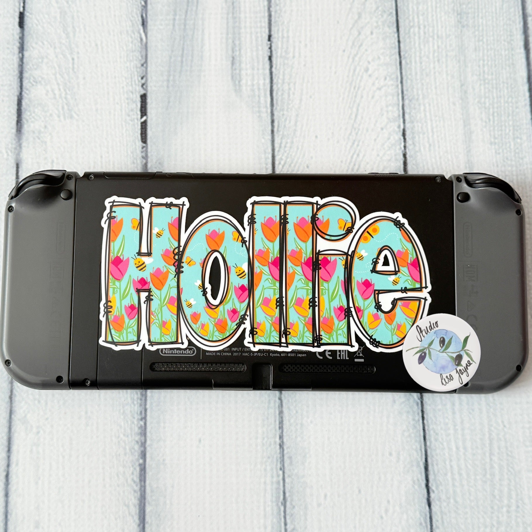 Spring Floral Name Personalised Waterproof Vinyl Sticker - Tulips Bees.  Closeup Hollie for Nintendo Switch, game console, controller