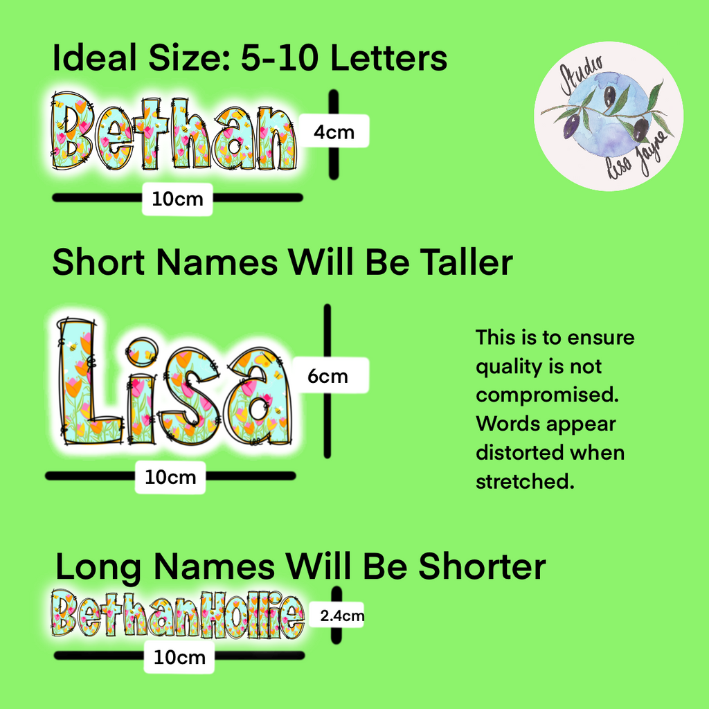 Spring Floral Name Personalised Waterproof Vinyl Sticker - Tulips Bees.  Size Chart for drink bottle, iPad, tablet, journal.
