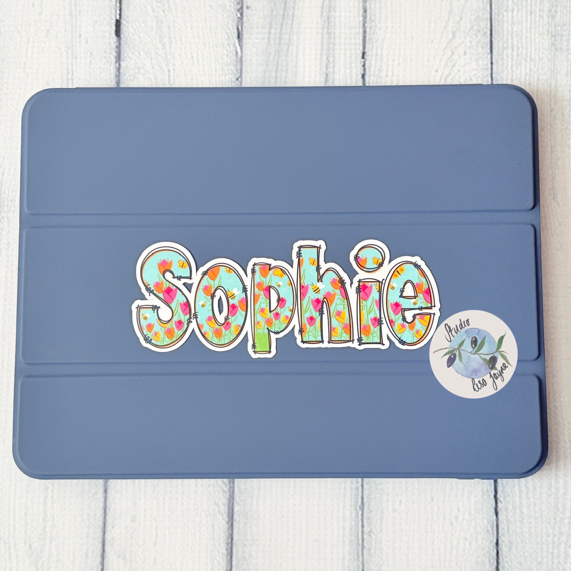 Spring Floral Name Personalised Waterproof Vinyl Sticker - Tulips Bees.  Closeup Rosie for iPad, tablet, journal.  Sophie