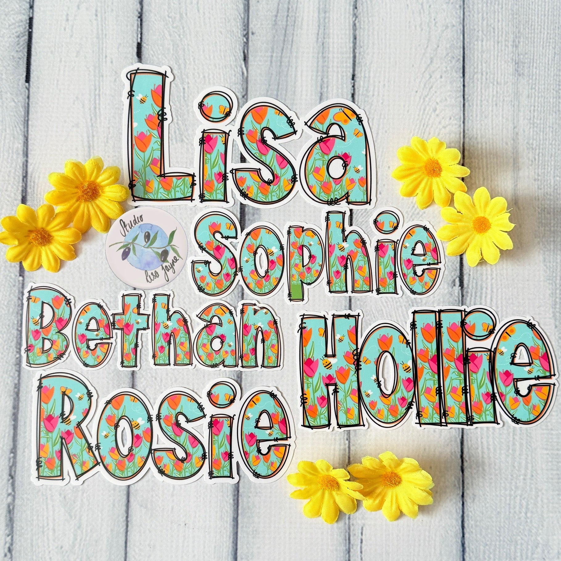 Spring Floral Name Personalised Waterproof Vinyl Sticker - Tulips Bees.  Wide Angle for drink bottle, iPad, tablet, journal.  Collection of names - Lisa, Sophie, Bethan, Hollie, Rosie