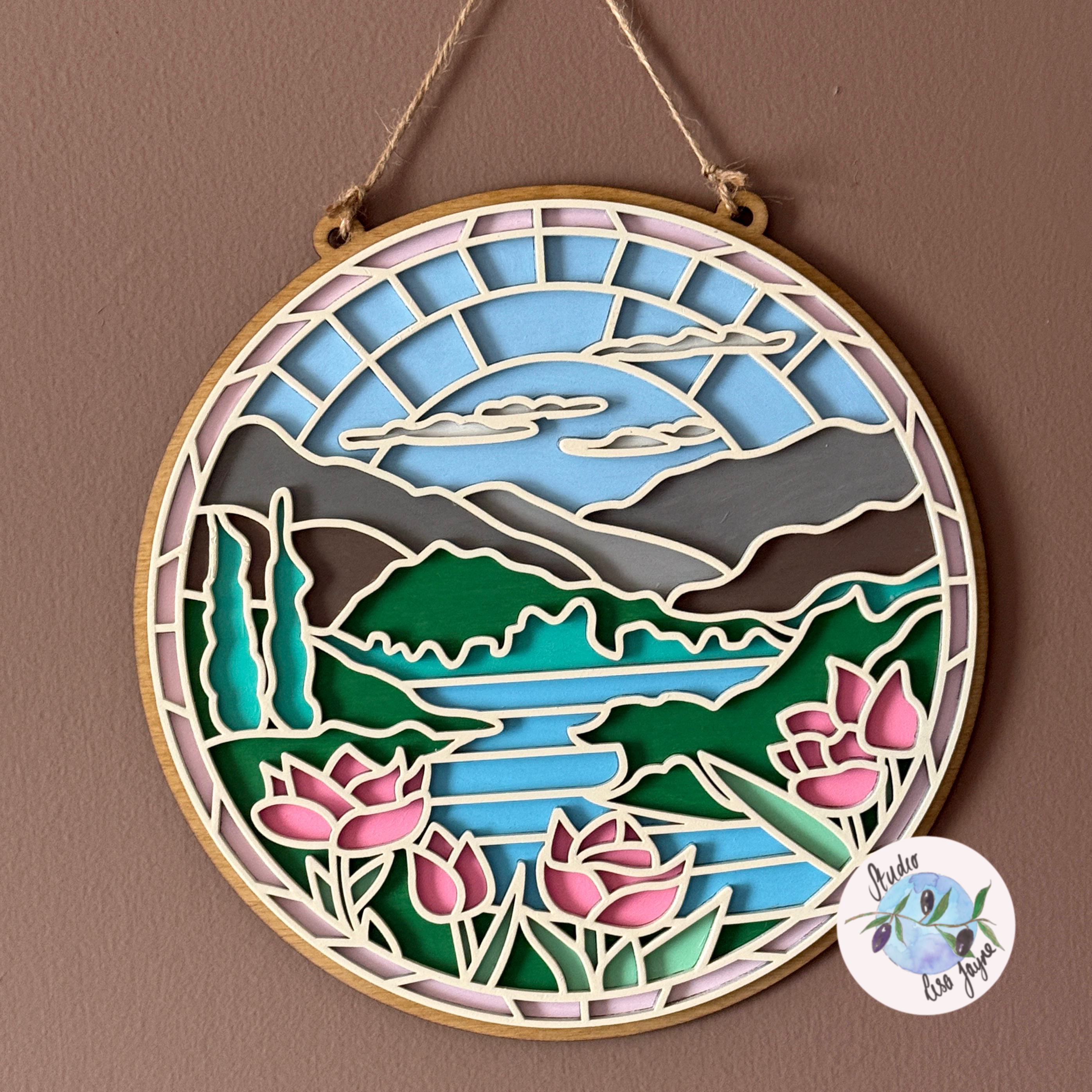 Stained Glass Style Hand Painted Sign Mountain Lake View Nature - Simple Brown background sunlight highlighting shadows